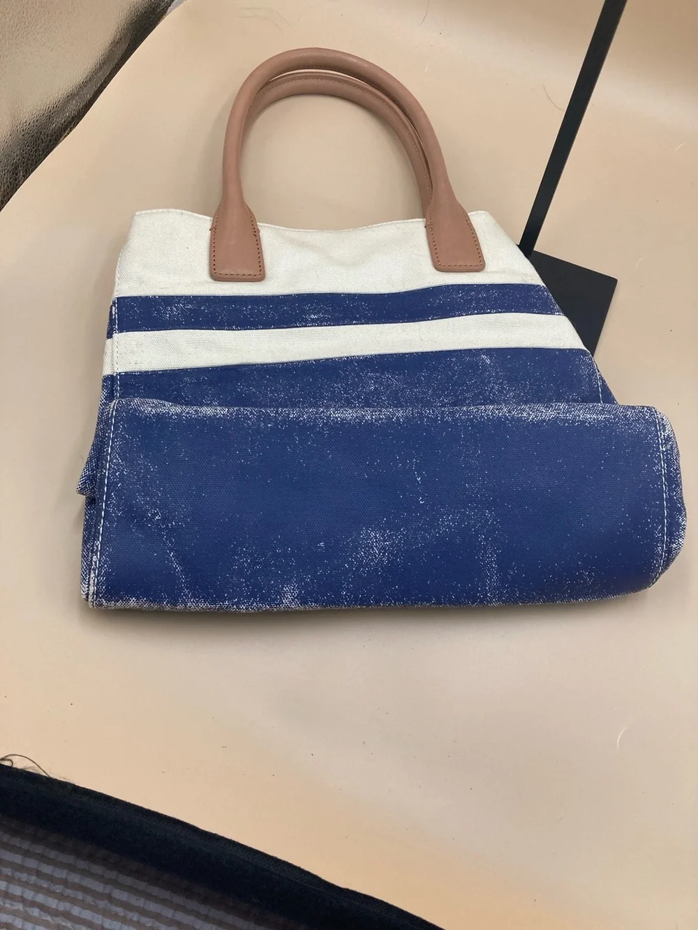 Tory Burch Blue, White and Tan Canvas Tote with Leather Trim